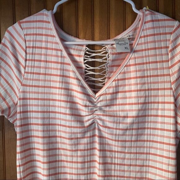 American Rag Pink Striped V-Neck Cropped Tee - Juniors XL - Picture 6 of 7